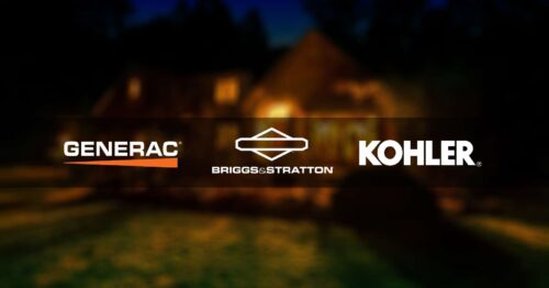 logos for generac briggs-stratton and kohler over blurred home lit up at night